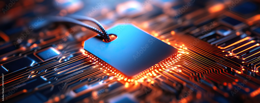 Poster close-up view of a microchip on a circuit board, featuring vibrant colors and intricate details that