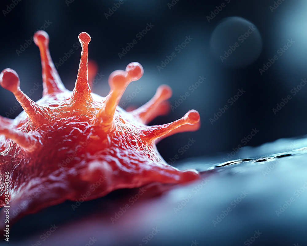 Poster close-up view of a virus structure with intricate details, showcasing its unique form and texture in