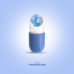 3d Capsule inside world globe, it's represent World Pharmacist Day, 3d illustration.