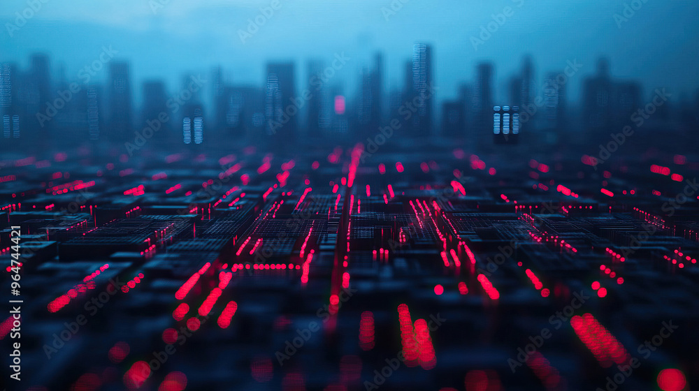 Poster futuristic cityscape with glowing red lines and a digital network theme, showcasing technology and i