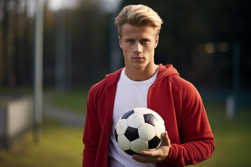 Young handsome blonde man at outdoors holding soccer ball