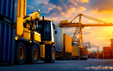 Industrial scene with a yellow truck and cargo containers at sunset, highlighting transportation and logistics operations.
