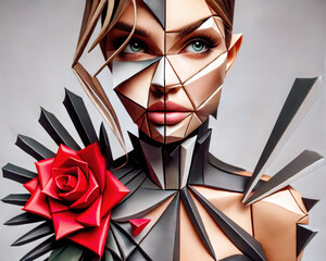 A woman with geometric face and body armor, adorned with a striking red rose on her shoulder. The angular design contrasts her soft expression, creating a bold fusion of futuristic art and elegance.