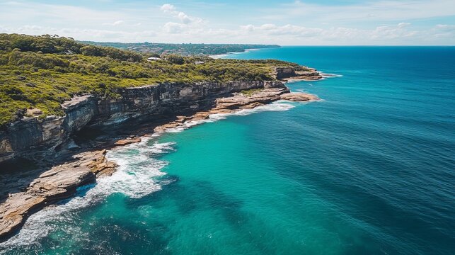 Drone image of the ocean cliff landscape in Maroubra, Sydney
