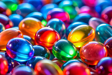 A bunch of colorful pills are scattered on a surface. The pills are of different colors and sizes, creating a vibrant and lively scene. Concept of energy and excitement