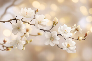 Spring white flowers blooming on a branch without leaves, set against a softly blurred background
