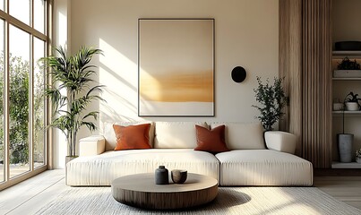  Japandi, scandinavain interior design of modern living room. 