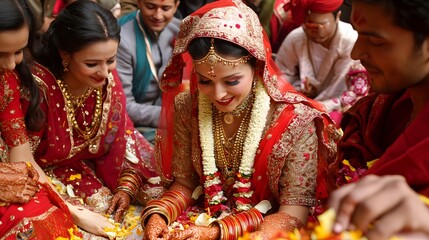 Traditional Nepalese Wedding Ceremony: A traditional wedding ceremony in Nepal, with the bride and groom in elaborate red and gold attire, surrounded by family and friends.

