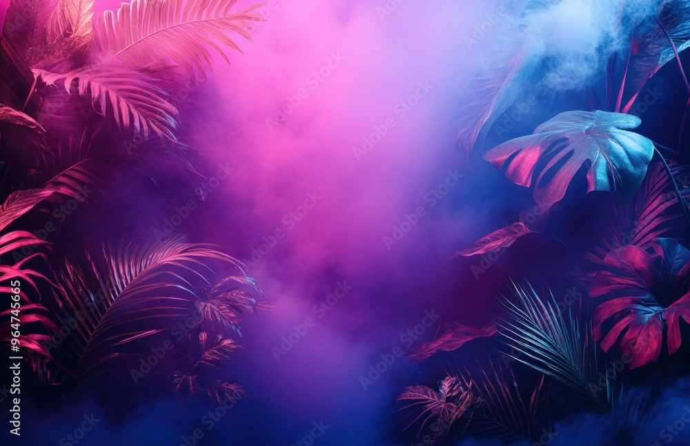 Wall mural tropical leaves in pink and blue neon light with smoke.