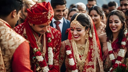 Obraz premium Traditional Nepalese Wedding Ceremony: A traditional wedding ceremony in Nepal, with the bride and groom in elaborate red and gold attire, surrounded by family and friends. 