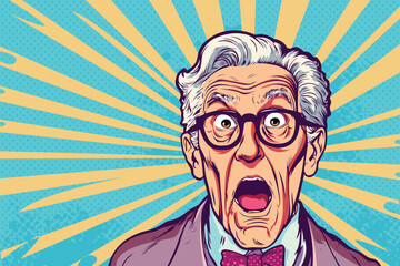 Amazed grandfather. Old, gray-haired man looking with surprising. Unbelievable news, big sale concept in pop art retro comic style