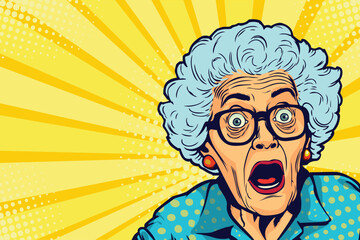 Amazed grandmother. Old, gray-haired woman in glasses and looking with surprising. Unbelievable news, big sale concept in pop art retro comic style