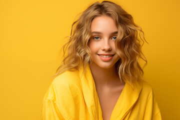 Fototapeta premium Young pretty blonde girl over isolated colorful background in a bathrobe