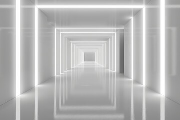A long, empty, white hallway with a white ceiling, generative ai image