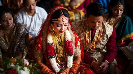 Naklejka premium Traditional Nepalese Wedding Ceremony: A traditional wedding ceremony in Nepal, with the bride and groom in elaborate red and gold attire, surrounded by family and friends. 