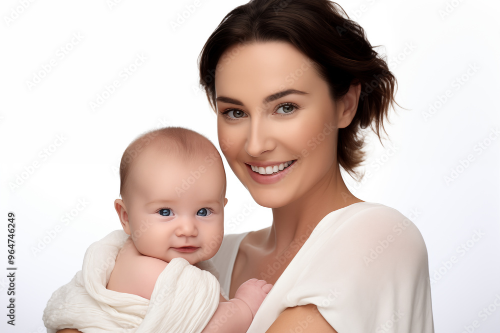 Wall mural Young pretty brunette girl over isolated white background with newborn baby