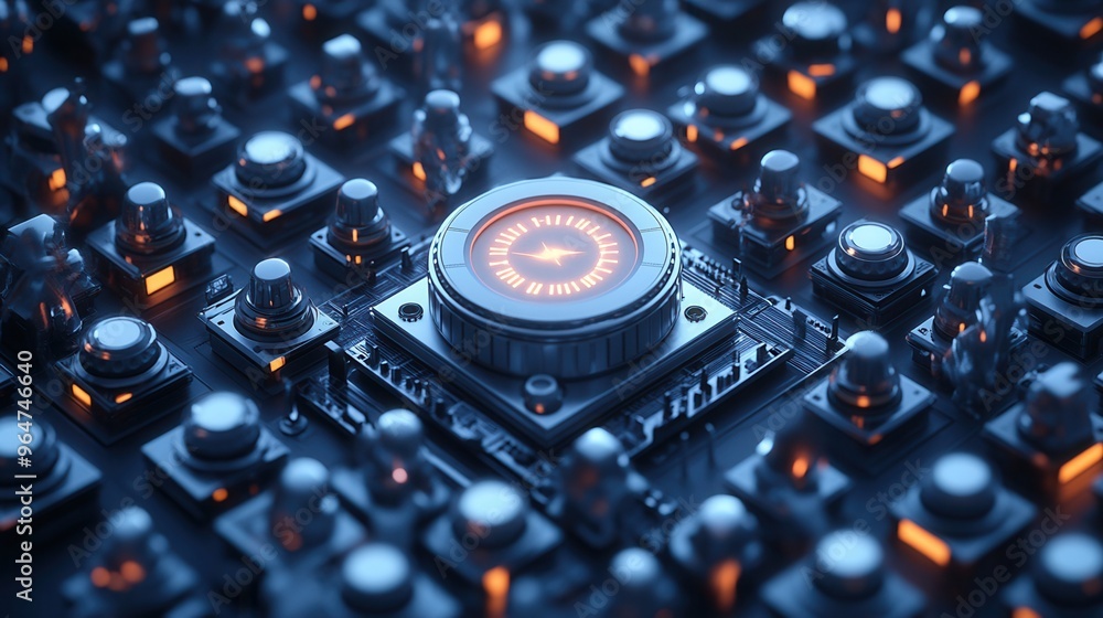 Poster a close-up view of a futuristic circuit board featuring glowing buttons and intricate details, showc