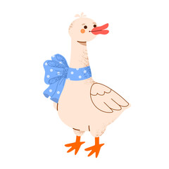 Cute little white goose with blue polka dot bow on its neck. Vector illustration in flat style on white isolated background for design of children's greeting card, poster, book, puzzles, games.