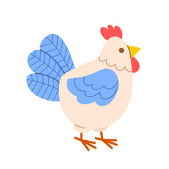 Cute white sketchy chicken with blue tail and wings in children's simple style. Vector illustration in flat style on white isolated background for design of children's teaching and game aids.