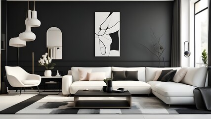 A sleek and elegant style permeates a minimalist black and white living space, making it ideal for use as wallpaper or an abstract backdrop for best-selling items. 
