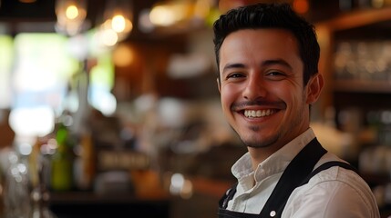 Fototapeta premium Waiter's Face with a Smile: Portrait of a waiter's face, smiling and welcoming, with a restaurant environment in the background. 