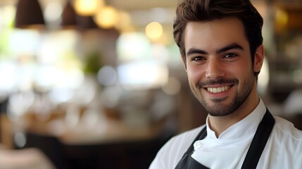 Obraz premium Waiter's Face with a Smile: Portrait of a waiter's face, smiling and welcoming, with a restaurant environment in the background. 