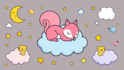 Little cartoon squirrel sleeping on a cloud, flat design illustration