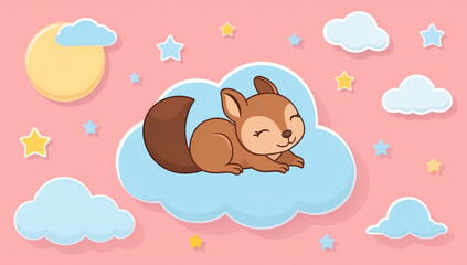 Little cartoon squirrel sleeping on a cloud, flat design illustration