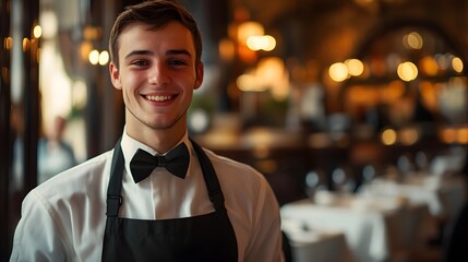 Obraz premium Waiter's Face with a Smile: Portrait of a waiter's face, smiling and welcoming, with a restaurant environment in the background. 