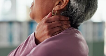 Hands, mature woman and massage of neck pain with arthritis problem, medical injury and muscle accident. Person, spine fracture and fibromyalgia from emergency risk, healing fail and relief at house