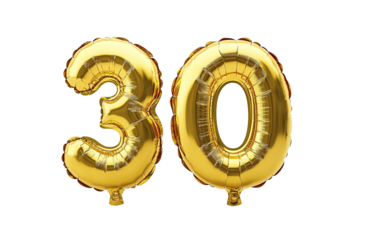 30 number thirty font in golden balloon isolated on white or transparent background 