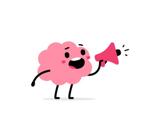 Vector cartoon illustration of smile brain communication with red loudspeaker on white color background. Flat doodle style design of cute happy brain character announcement megaphone