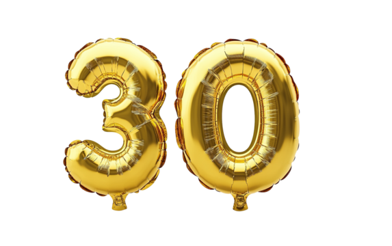 30 number thirty font in golden balloon isolated on white or transparent background 