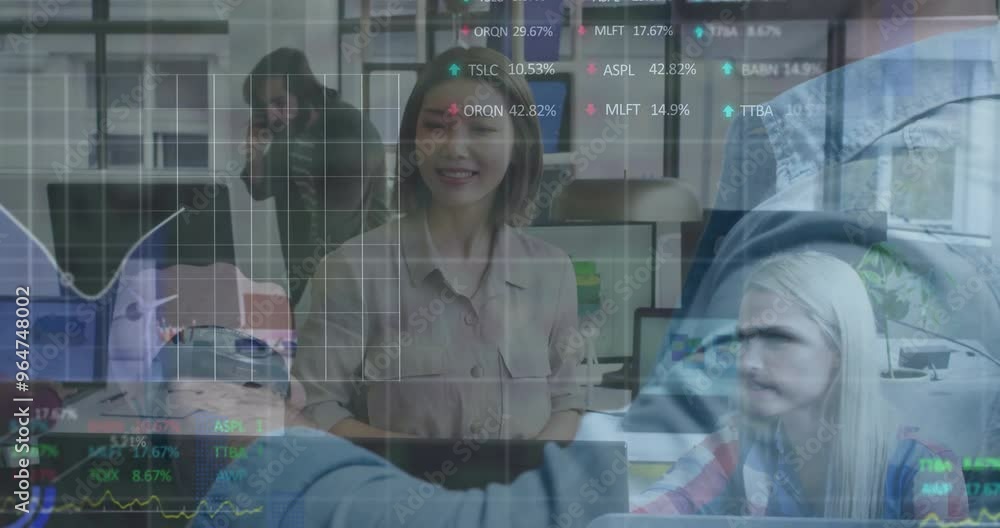 Poster animation of financial data processing over diverse business people in office