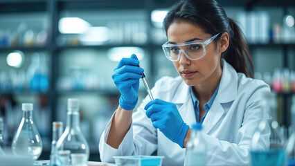 Scientist Working With Test Tube In Laboratory, Latina Woman Lab Technician Focused On Analysis And Medical Research, Biology Concept
