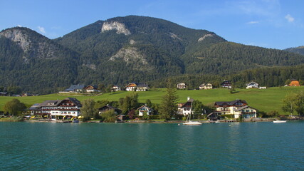 Obraz premium Landscape on northern shore of Wolfgangsee Lake, Salzkammergut, Upper Austria, Austria, Europe 