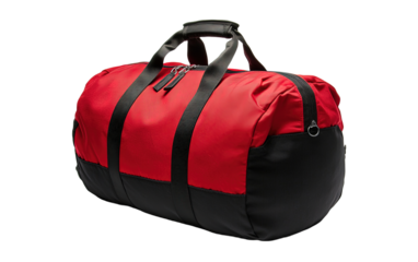 Red and black duffel bag isolated on white or transparent background