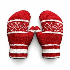 Pair of Red Knitted Christmas Mittens on White Background