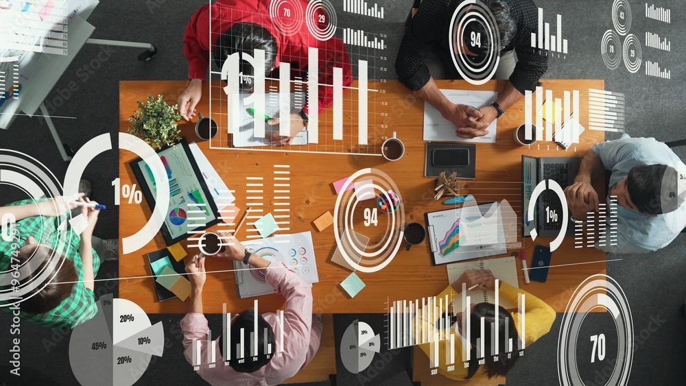 Poster top view of business people working and analyzing investment data with financial chart and stock mar