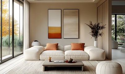  Japandi, scandinavain interior design of modern living room. 