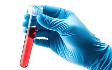 Gloved hand holds a testube isolated on white or transparent background