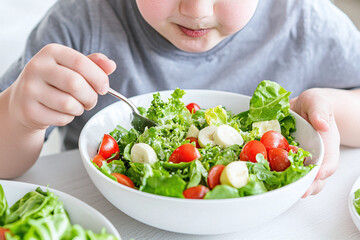 a boy sitting at a table, focused on eating his salad, healthy eating habits, nutrition education for kids