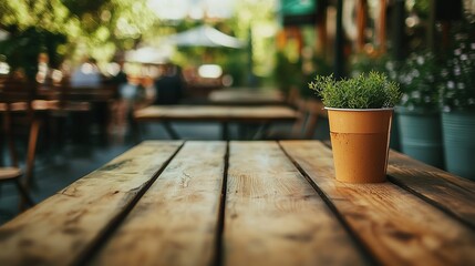 Fototapeta premium A simple wooden table sits empty in the background of a blurry outdoor coffee shop.