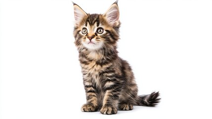Fototapeta premium A sassy-looking brown tabby Maine Coon kitten sits up straight, glancing to the side against a clean white background.