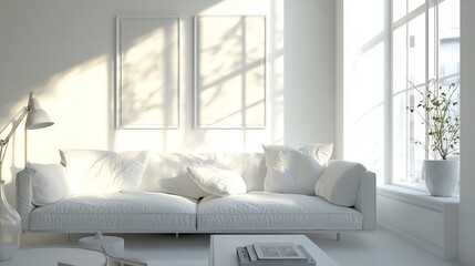 A simple living room with a sofa and decorations, all in a white room. This is a computer-generated image.