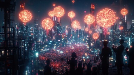 Obraz premium A vibrant cityscape featuring fireworks illuminating the night sky, showcasing a bustling crowd in a futuristic setting.