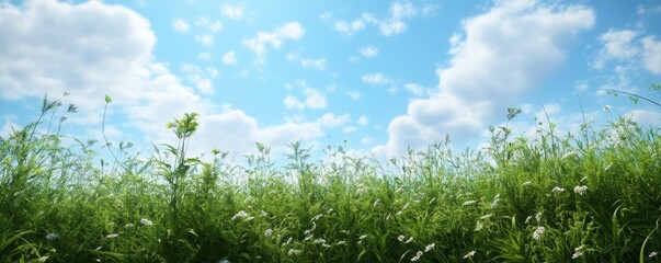 Obraz premium A Low Angle View of a Field of Lush Green Grass and Delicate White Flowers Against a Blue Sky with Fluffy White Clouds, nature, field, summer, grass, sky, clouds