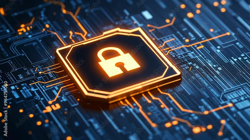 Poster digital lock symbol on circuit board background representing security generative ai