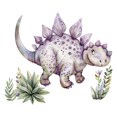 Fototapeta premium Cute baby stegosaurus on transparent background. Children and dinosaur concept. Watercolor cartoon illustration for kids, sticker, collection, element for design