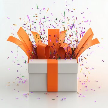 A vibrant gift box bursting open with colorful confetti and ribbons, symbolizing celebration and joy.